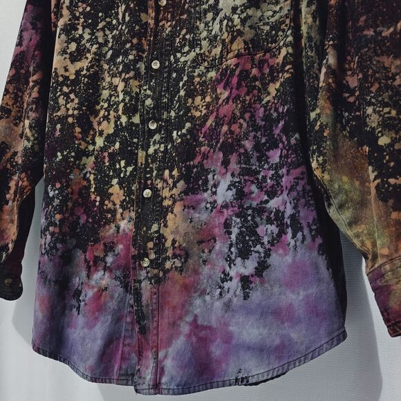 Tie Dye Upcycle Shirt Mens L Large Button Down Twill Cotton Black Rainbow Grunge - Picture 3 of 11